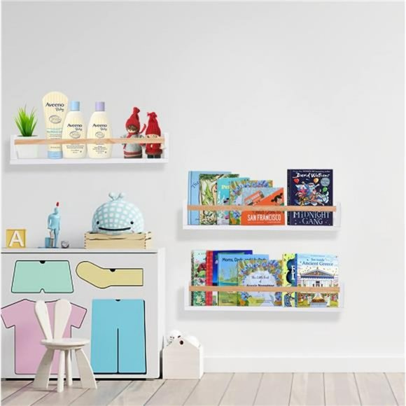 White Nursery Book Shelves Set of 3 Naturel Wood Bookshelf Wall Floating - Picture 5 of 6